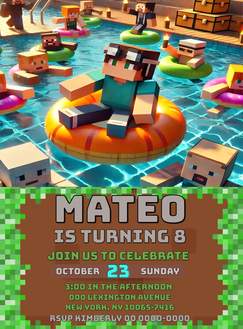 Minecraft Pool Party Birthday Invitation - Editable Digital Template