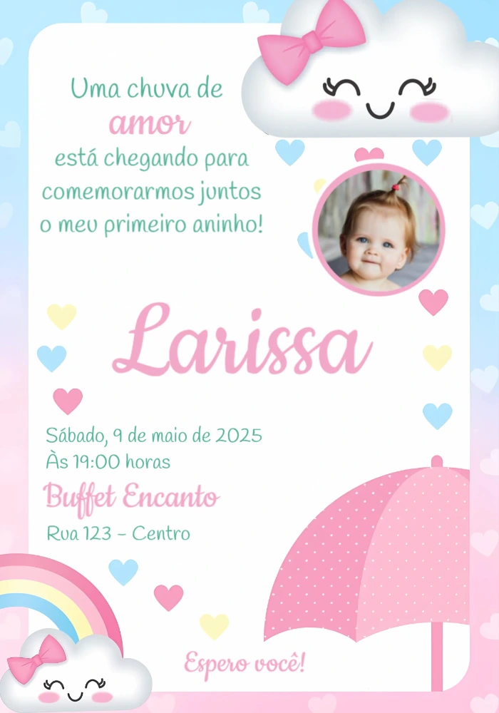 Convite Aniversário Chuva de Amor com Foto para Editar Online