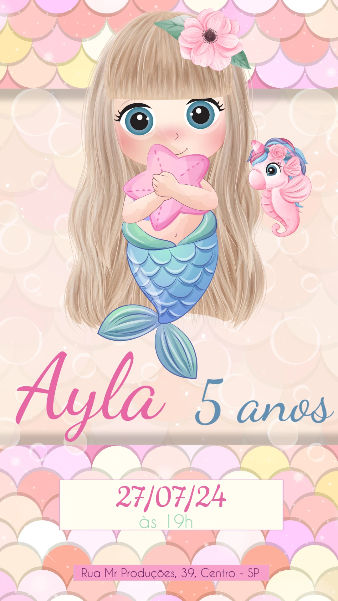 Convite Aniversário Sereia Cute para Editar Online