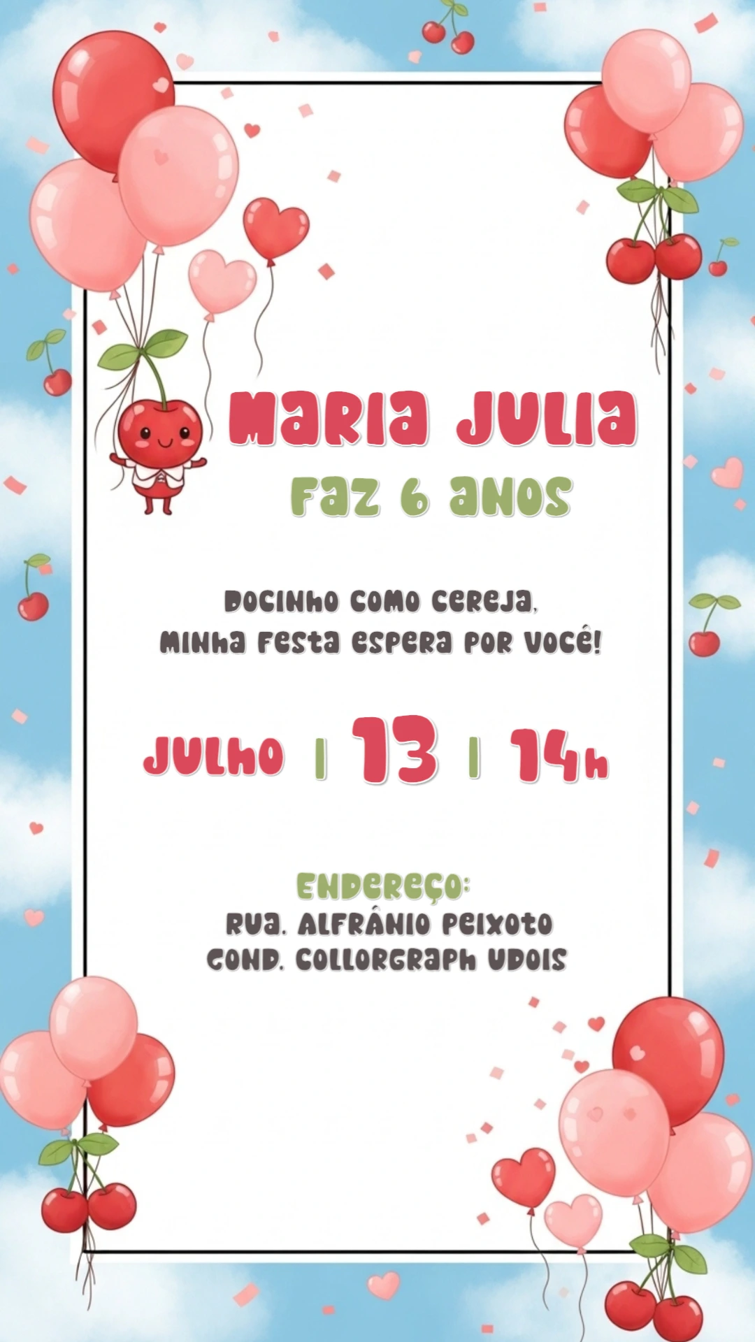 Convite Aniversário Tema Cerejinha para Editar Online