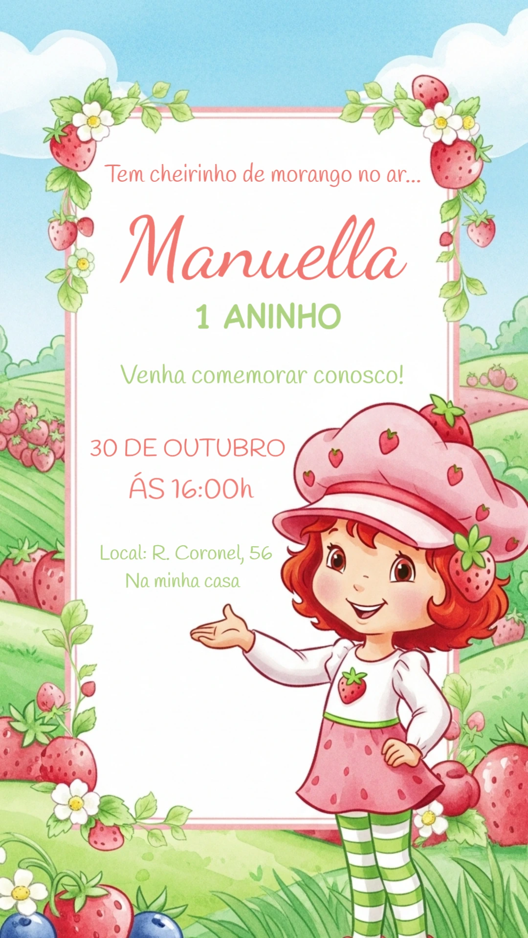 Convite de Aniversário Moranguinho para Editar Online