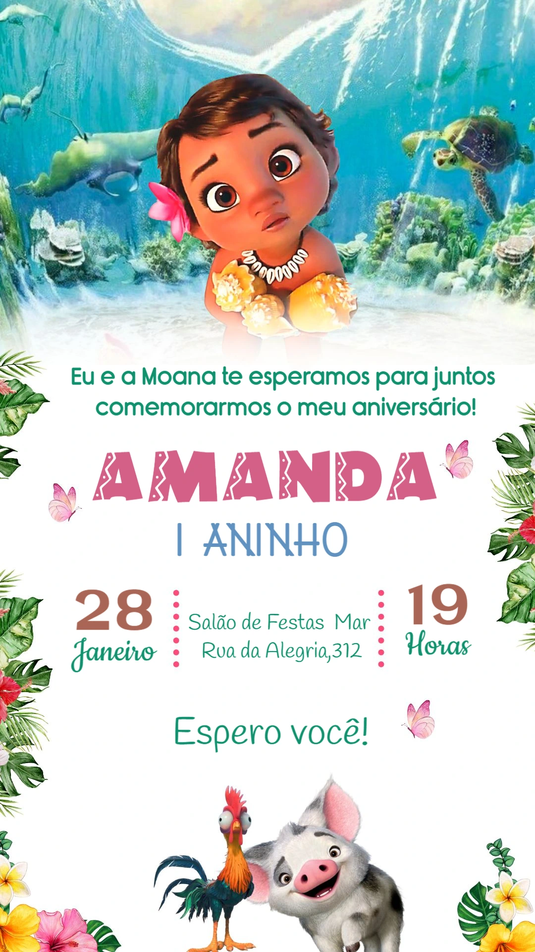 Convite de Aniversário Moana Baby para Editar Online