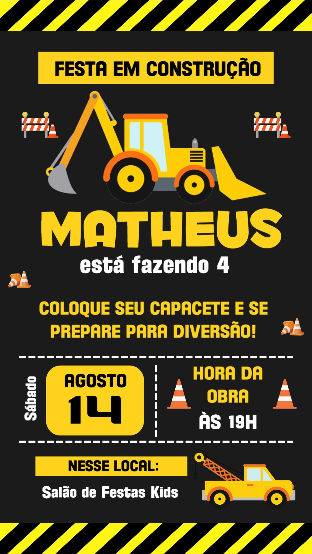 Convite de Aniversário Construção com Trator para Editar