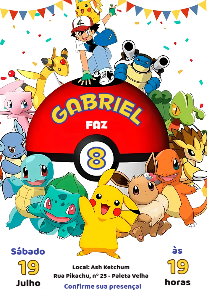 Convite de Aniversário Pokémon com Personagens para Editar