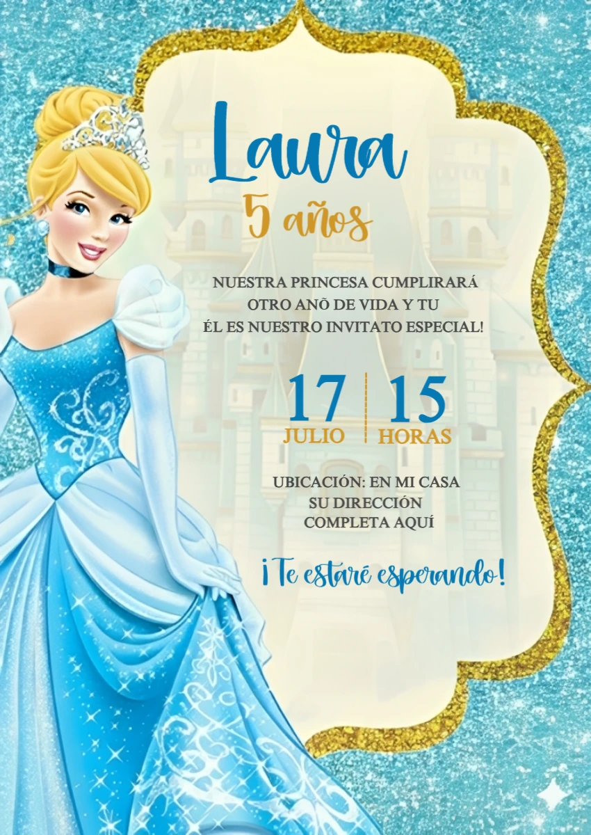 Invitación Digital de Cumpleaños Princesa Cenicienta Editable