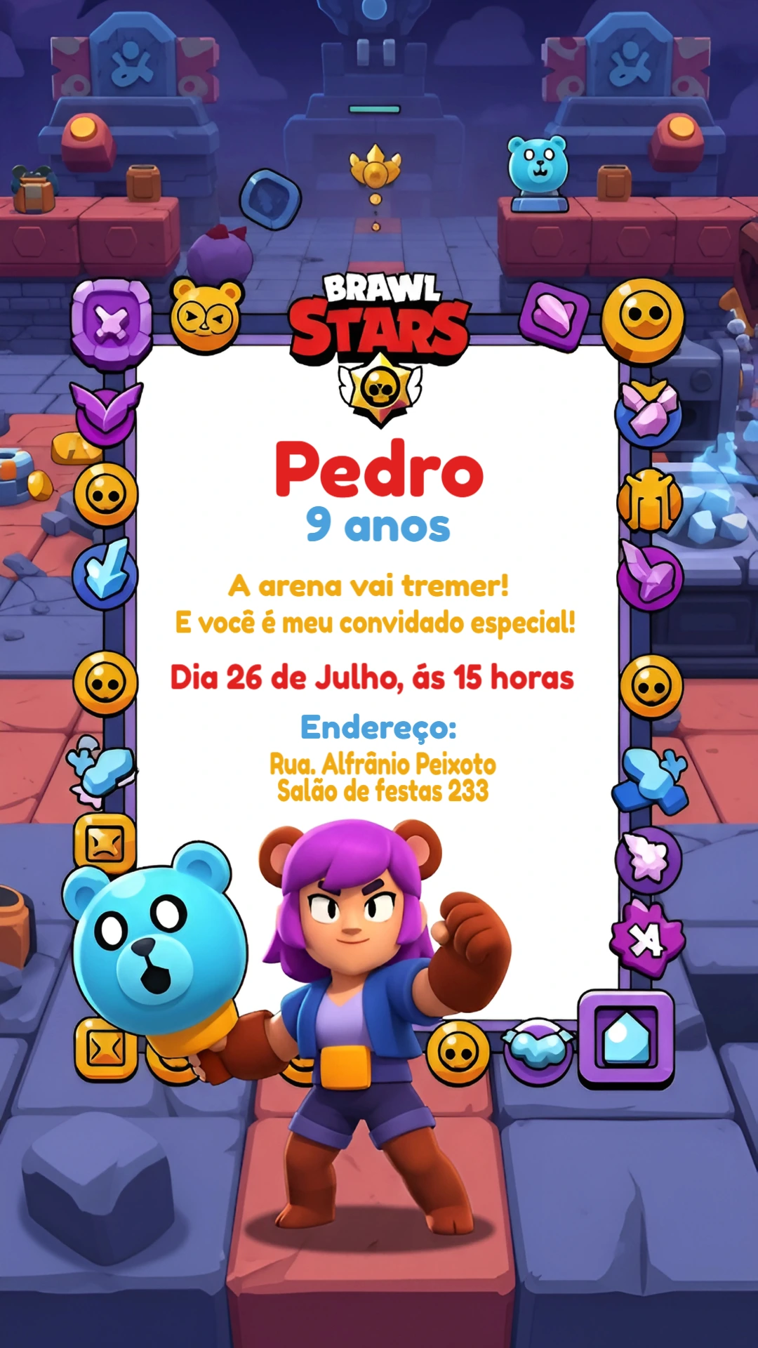 Convite de Aniversário Brawl Stars para Editar Online