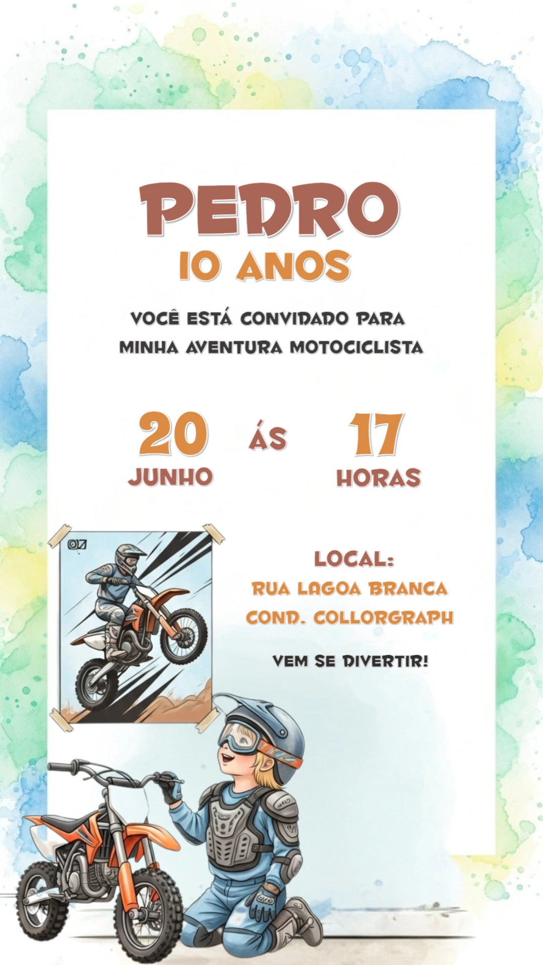 Convite de Aniversário Motocross Infantil para Editar Online