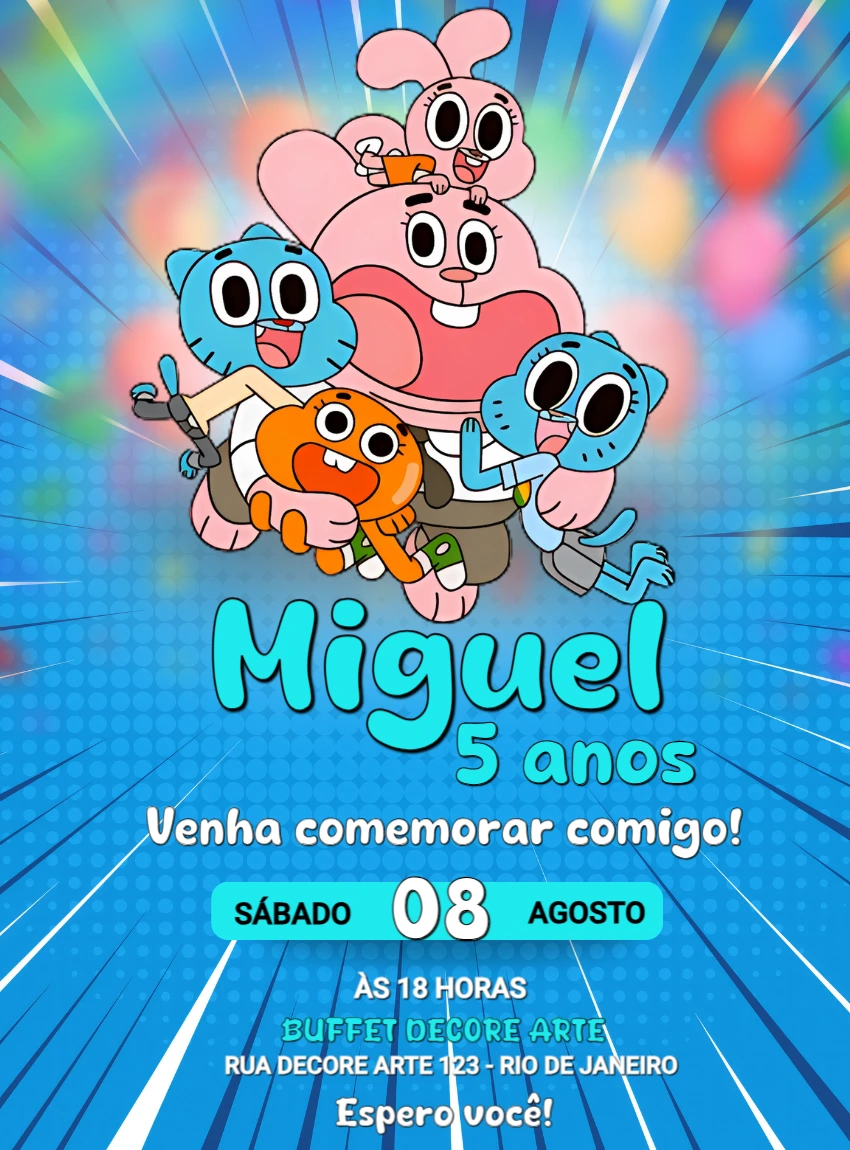 Convite de Aniversário Gumball para Editar Online