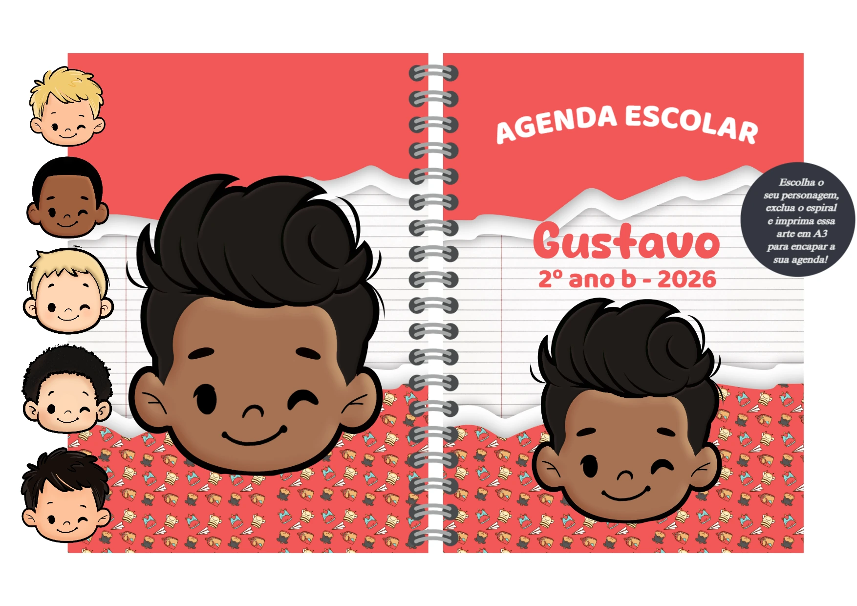 Capa de Agenda Escolar Menino com Personagem para Editar