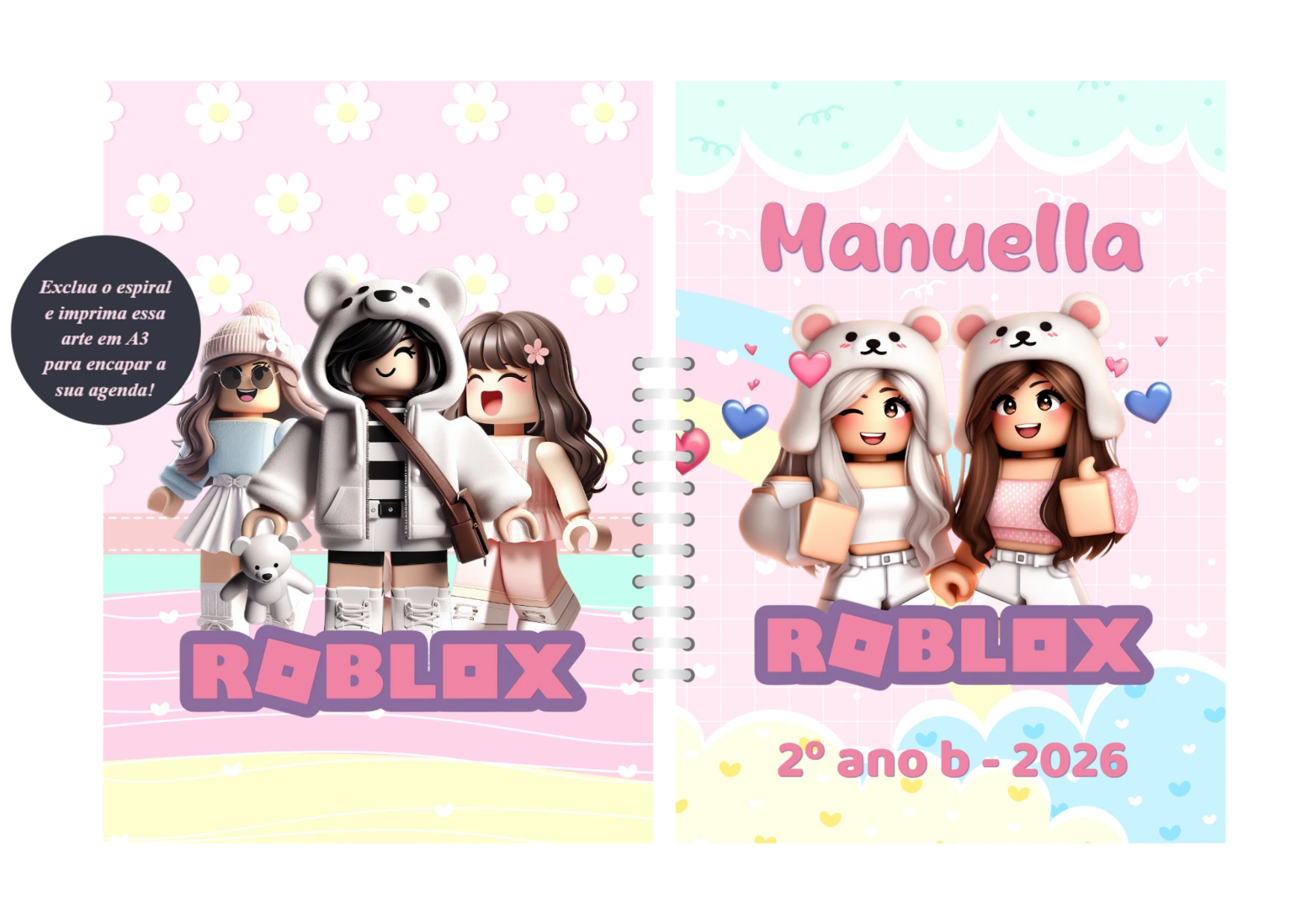 Capa de Agenda Roblox Rosa com Avatares para Editar Online