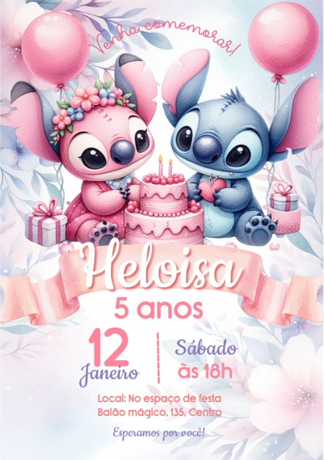 Convite de Aniversário Stitch e Angel Aquarela para Editar