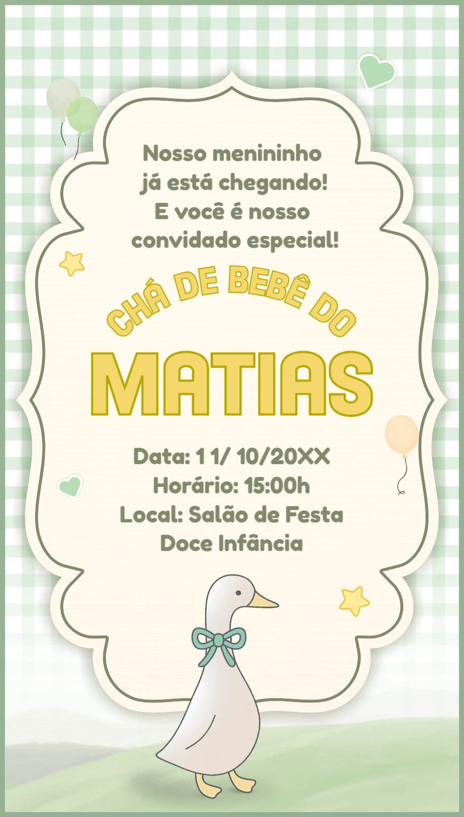 Convite Chá de Bebê Menino Patinho Aquarela para Editar