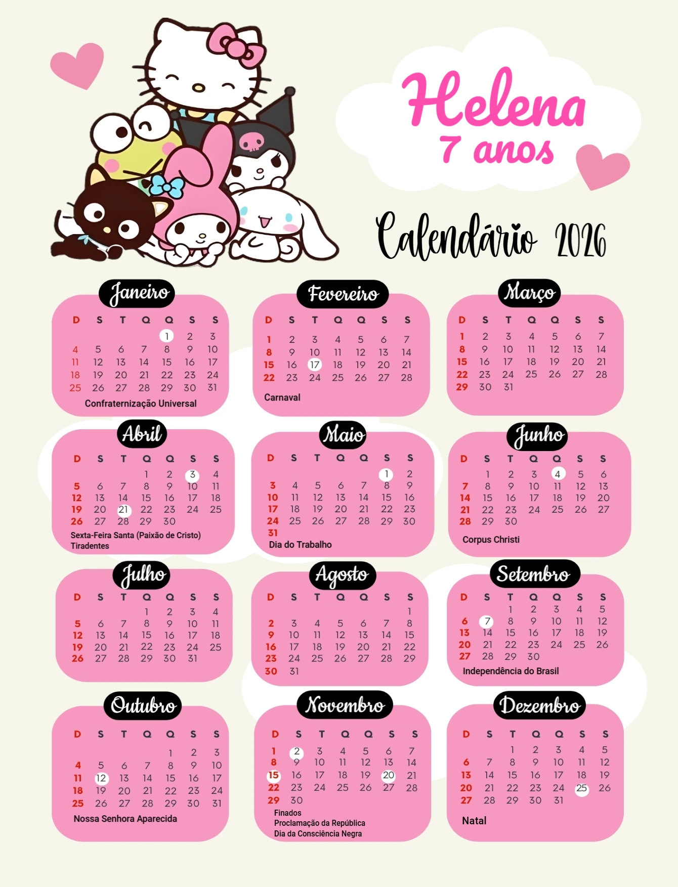 Calendário Infantil 2026 Hello Kitty e Amigos Editável