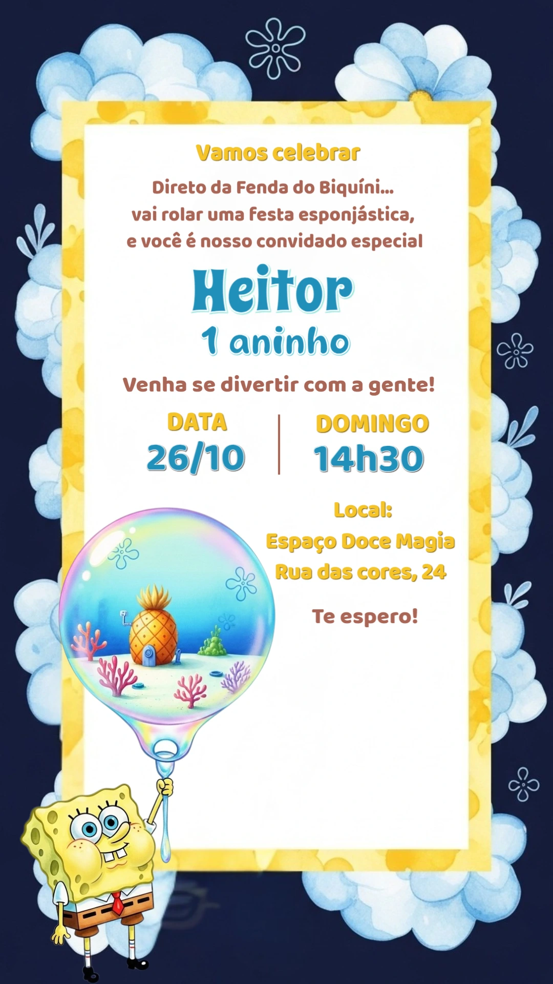 Convite Aniversário Bob Esponja para Editar e Imprimir