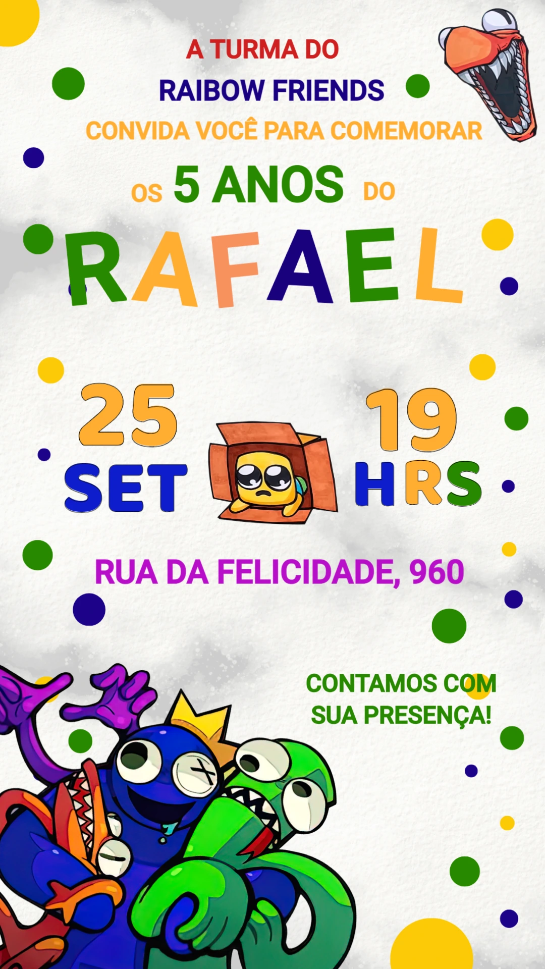 Convite de Aniversário Rainbow Friends com Personagens para Editar