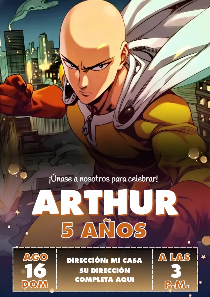 Invitación de Cumpleaños One-Punch Man para Editar