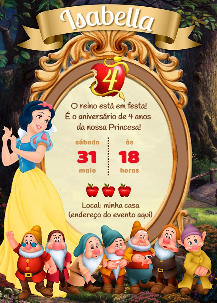 Convite de Aniversário Branca de Neve Editável Online