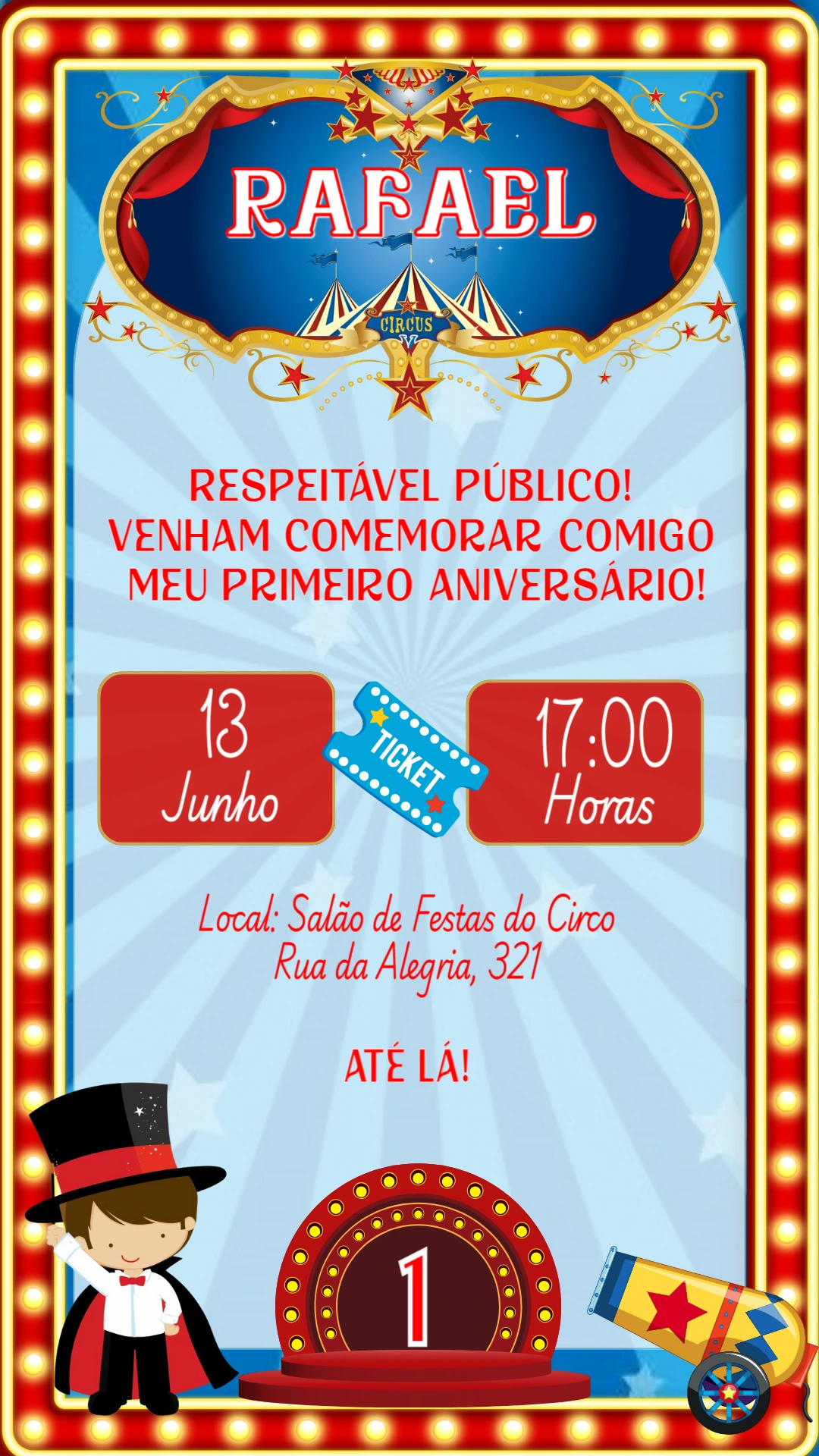 Convite Aniversário Circo com Mágico para Editar Online