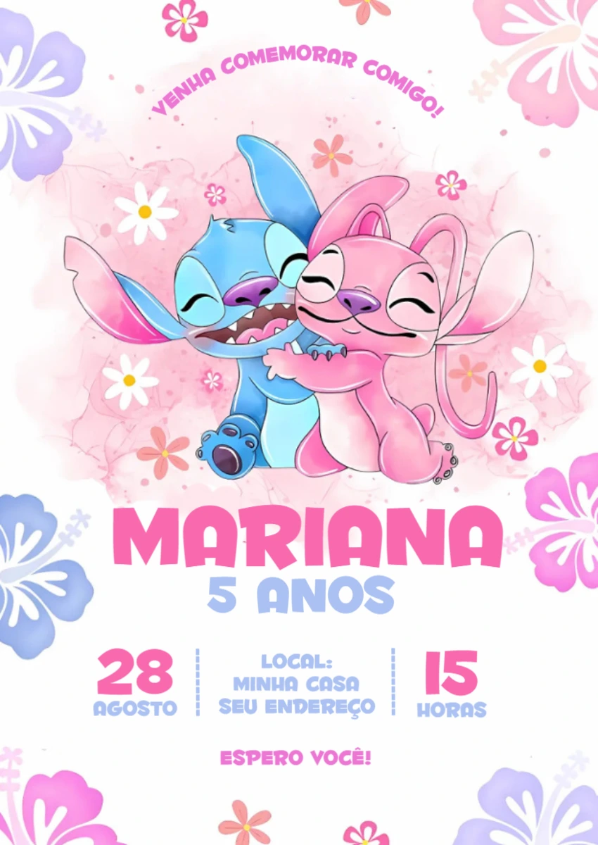 Convite Aniversário Stitch e Angel para Editar Online