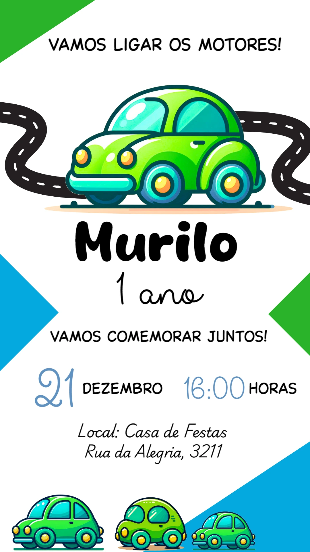 Convite de Aniversário Carrinhos Coloridos para Editar Online