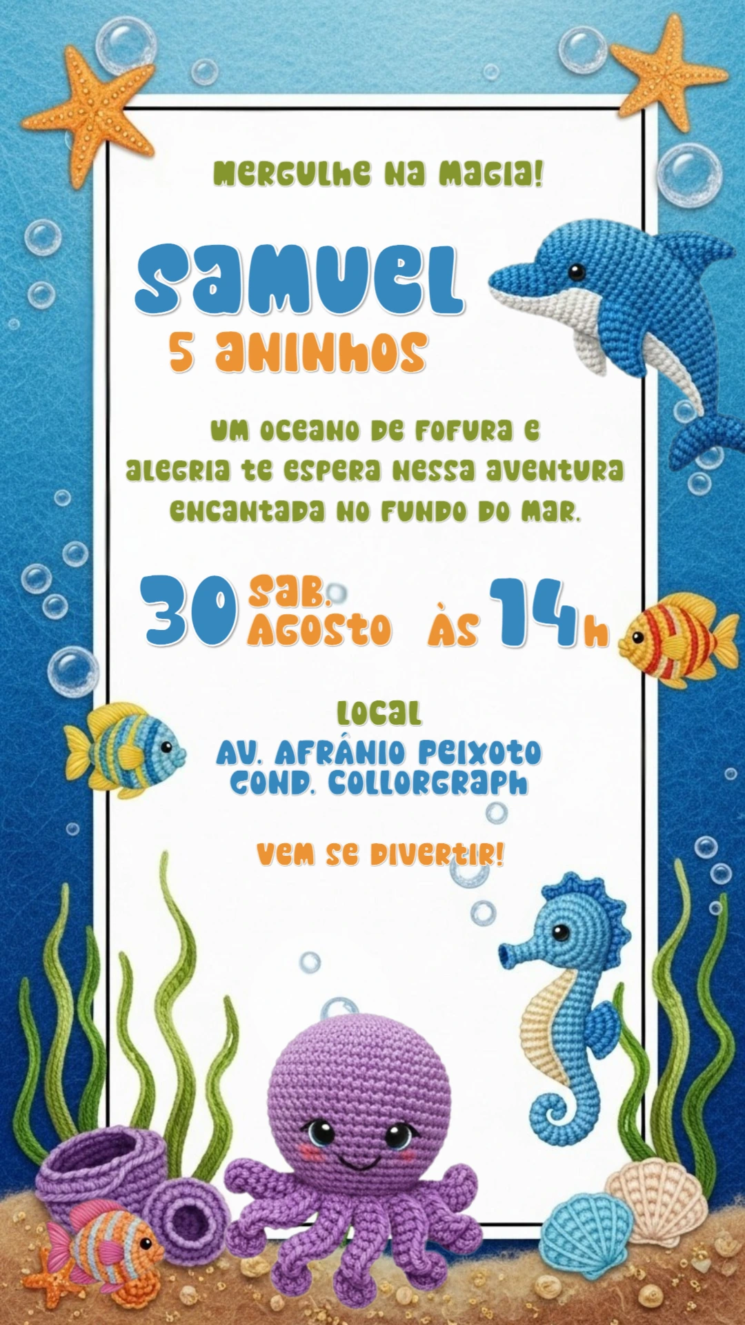Convite Aniversário Fundo do Mar Amigurumi para Editar Online