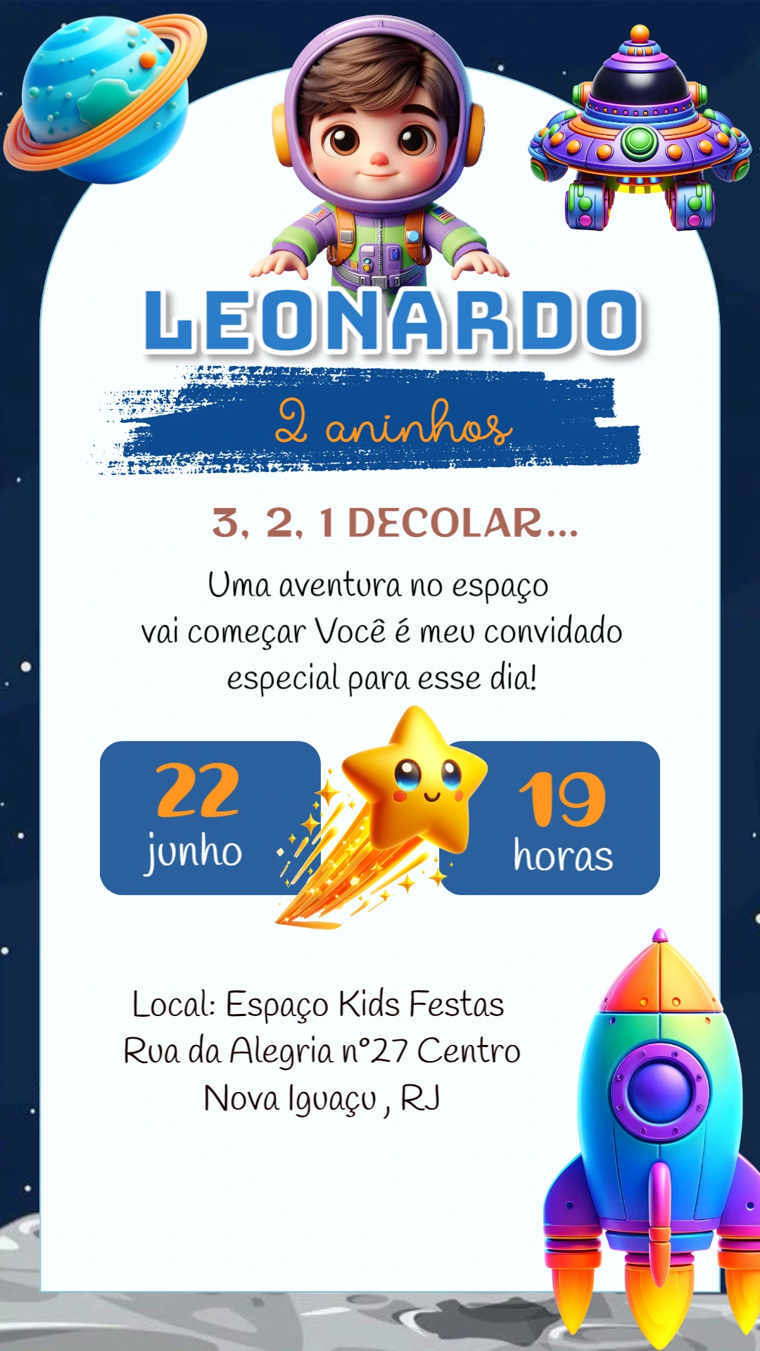 Convite de Aniversário Astronauta Infantil para Editar Online