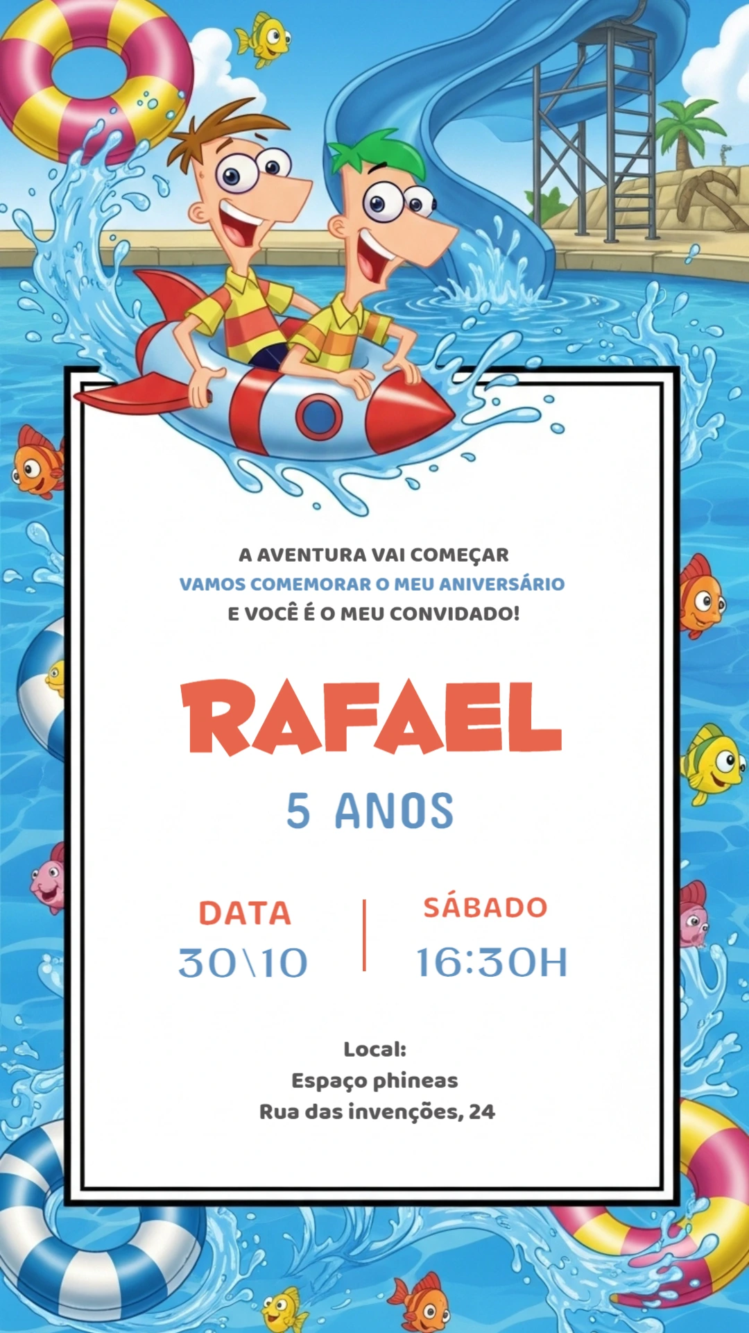 Convite Aniversário Phineas e Ferb na Piscina para Editar