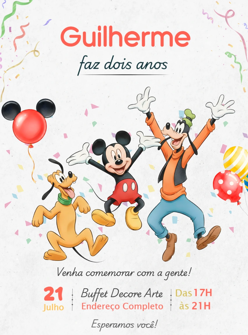 Convite Digital Infantil Tema Mickey Pluto e Pateta Editável