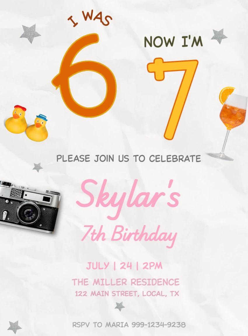 Fun 7th Birthday Invitation 'I Was 6 Now I'm 7' Editable Template