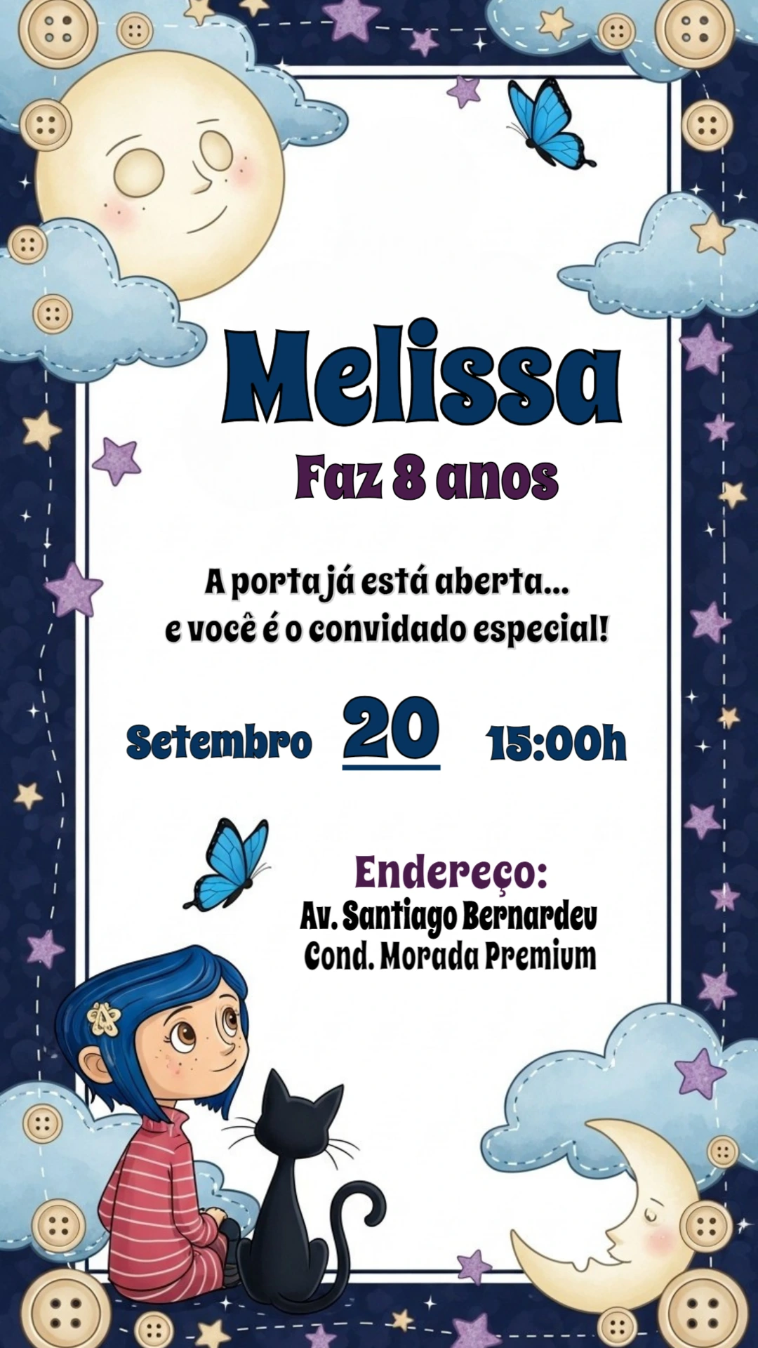 Convite de Aniversário Coraline para Editar Online