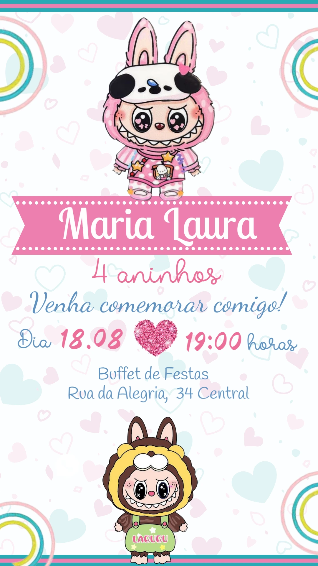 Convite de Aniversário Labubu com Bonecos Fofos para Editar