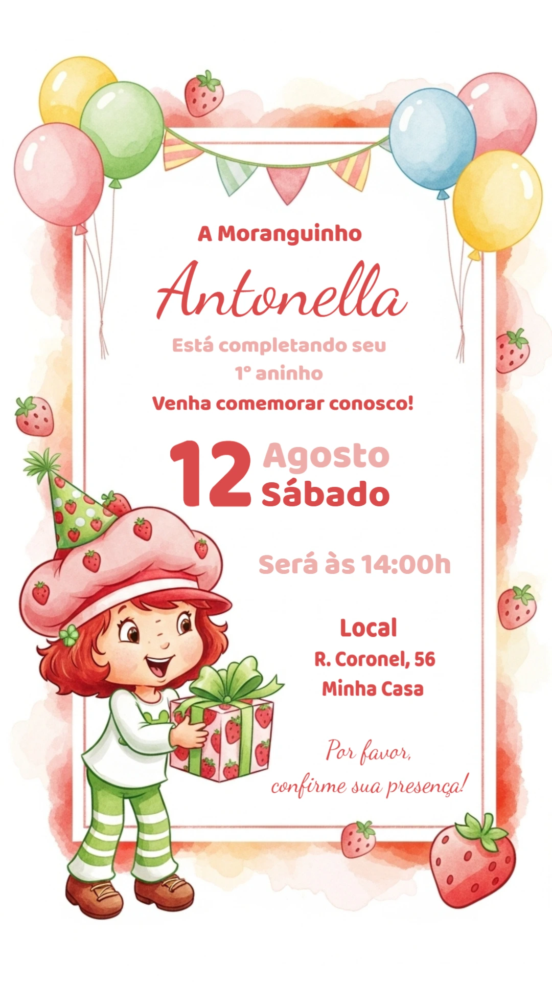 Convite de Aniversário Moranguinho para Editar Online