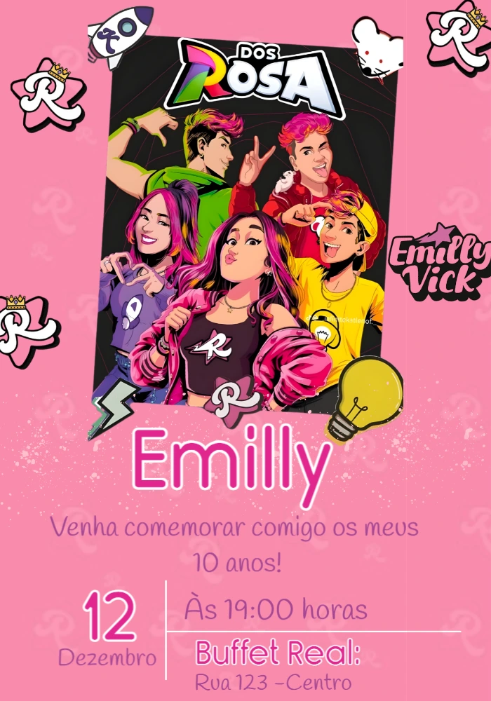 Convite de Aniversário Emilly Vick e Dos Rosa Editável