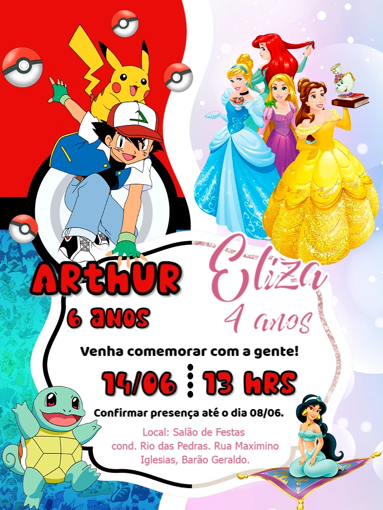 Convite Aniversário Duplo Pokémon e Princesas para Editar