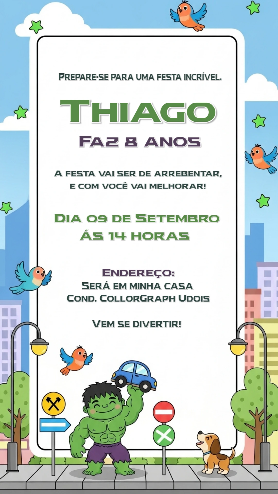 Convite Aniversário Hulk Infantil para Editar Online