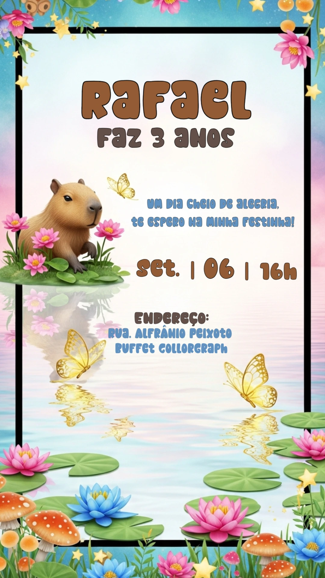 Convite Aniversário Capivara Fofa para Editar Online