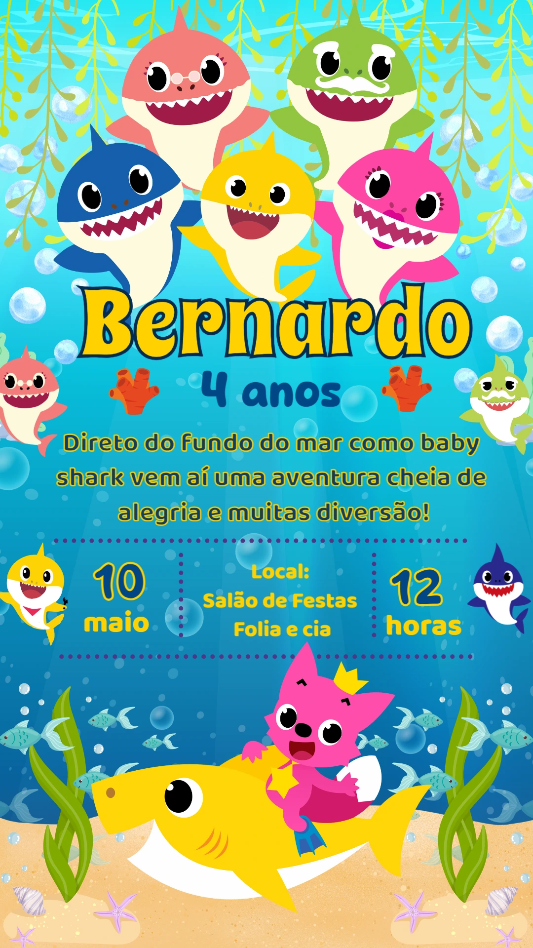 Convite de Aniversário Baby Shark para Editar Online