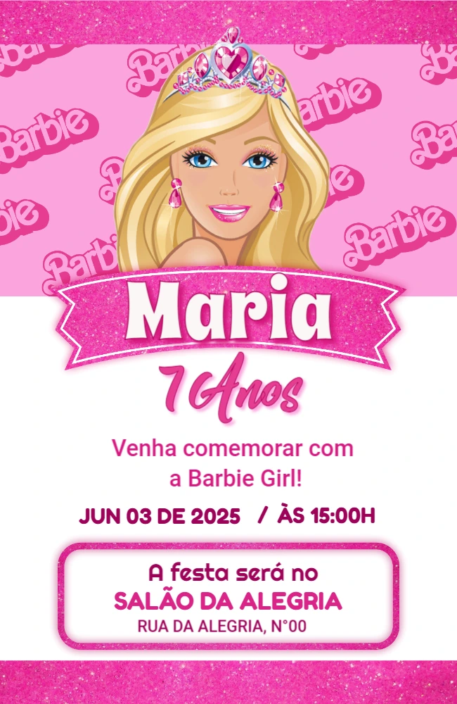 Convite de Aniversário Barbie para Editar Online