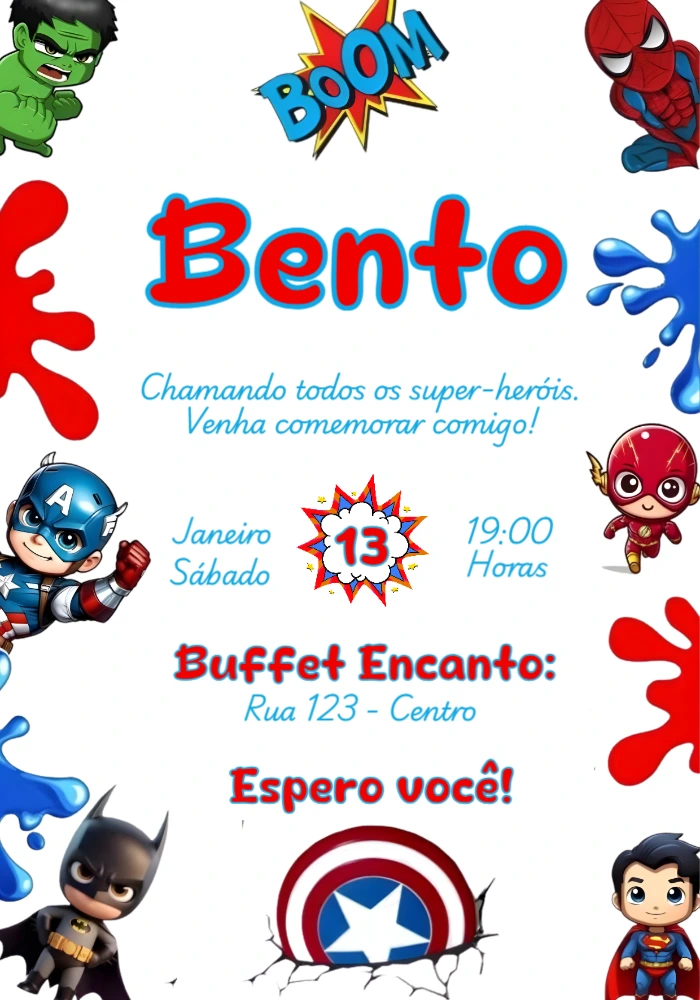 Convite de Aniversário Super-Heróis Infantil para Editar