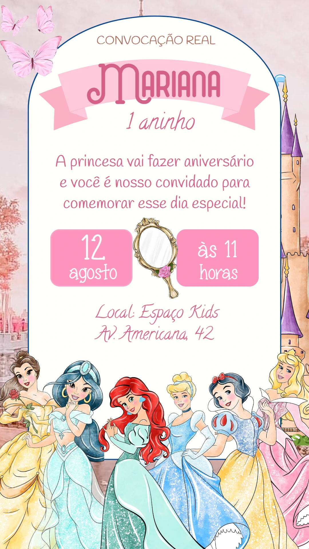 Convite Aniversário Princesas da Disney para Editar Online