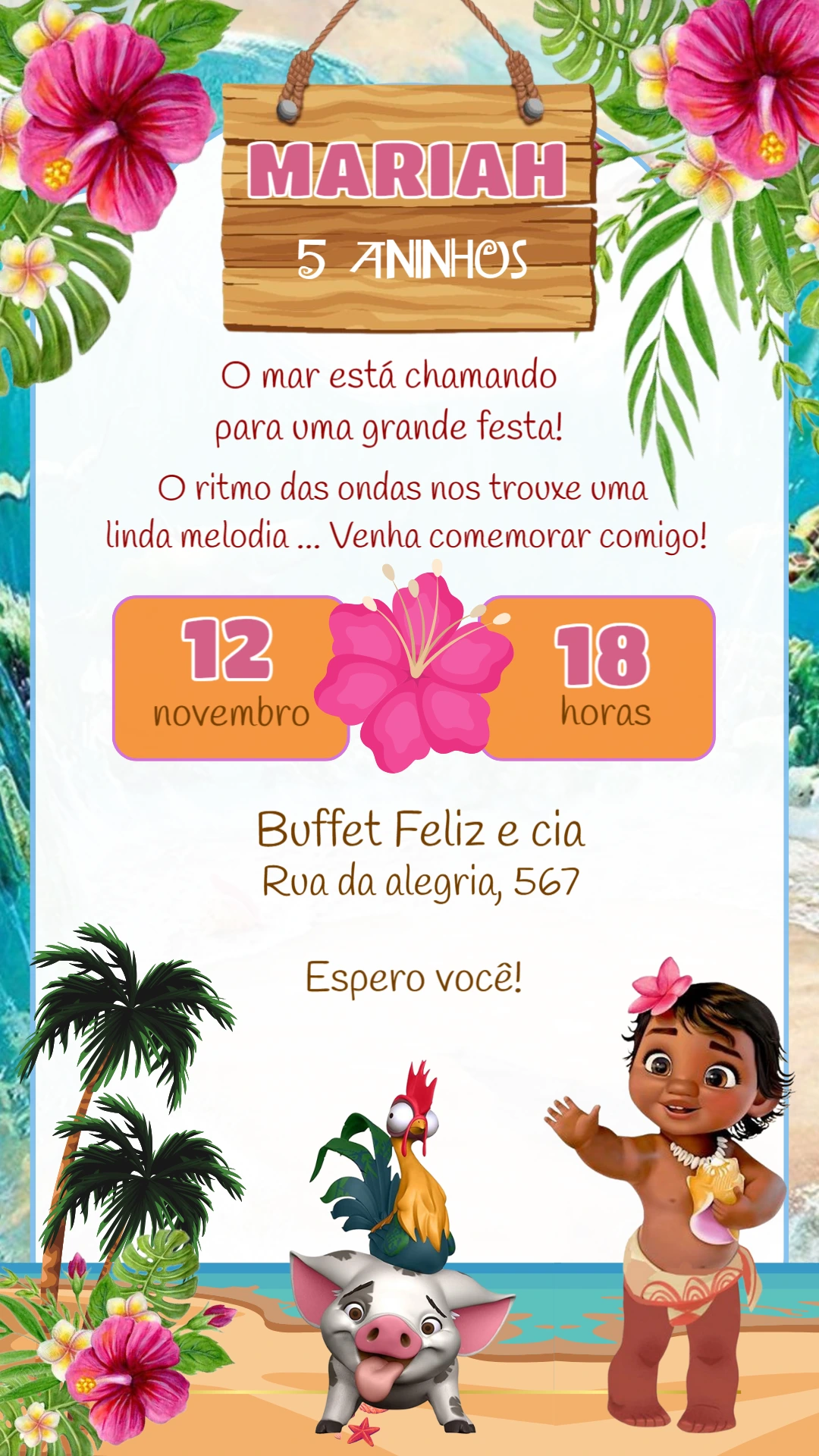 Convite de Aniversário Moana Baby para Editar Online