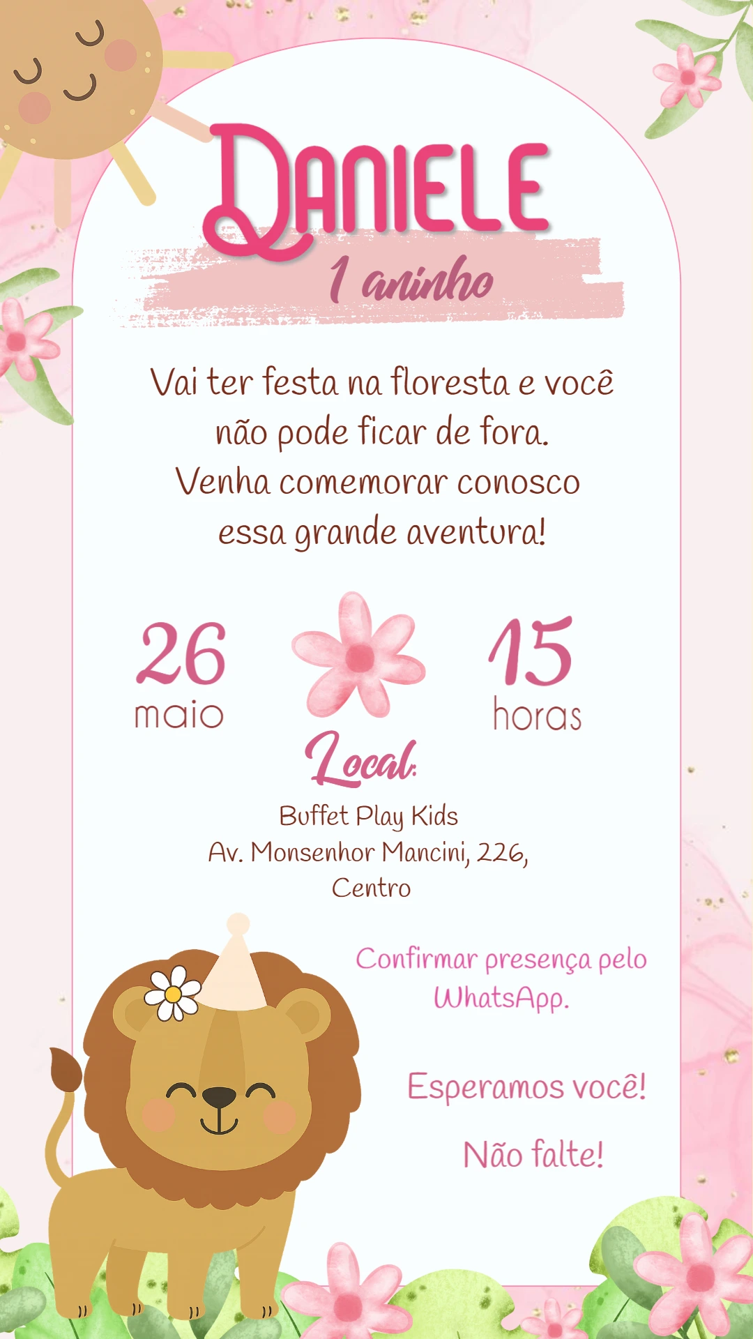 Convite Aniversário Safari Rosa Leãozinho para Editar Online
