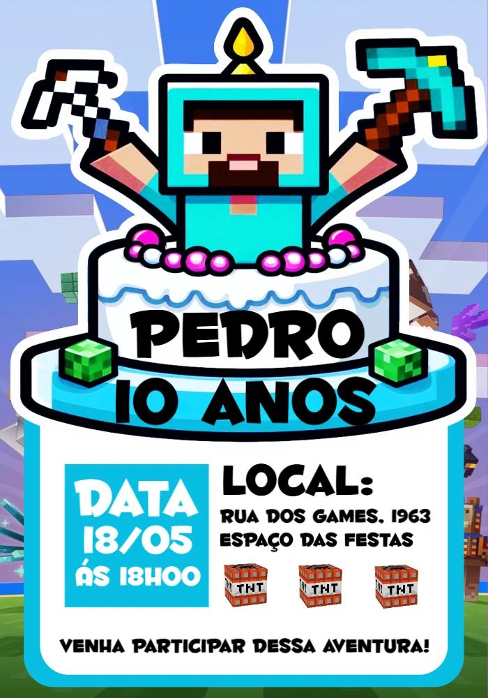 Convite de Aniversário Minecraft com Skin para Editar Online