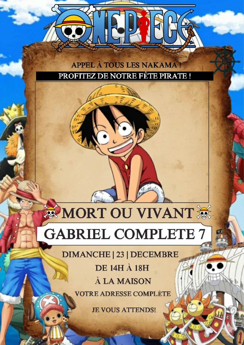 Invitation Anniversaire One Piece avec Luffy à Modifier en Ligne