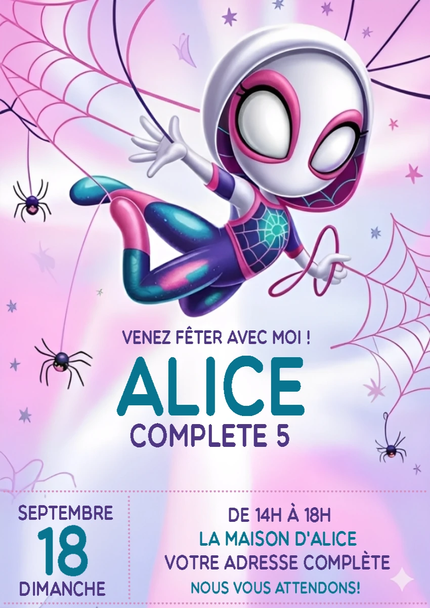 Invitation Anniversaire Gwen-araignée à Modifier en Ligne
