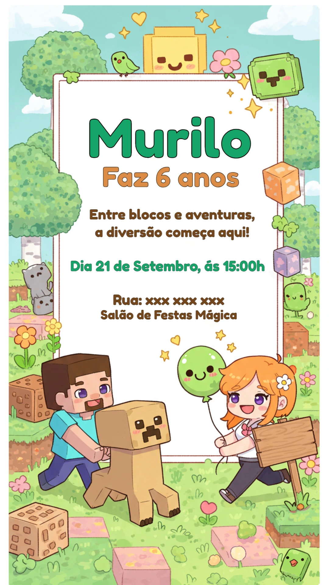 Convite Aniversário Minecraft com Personagens Fofos para Editar