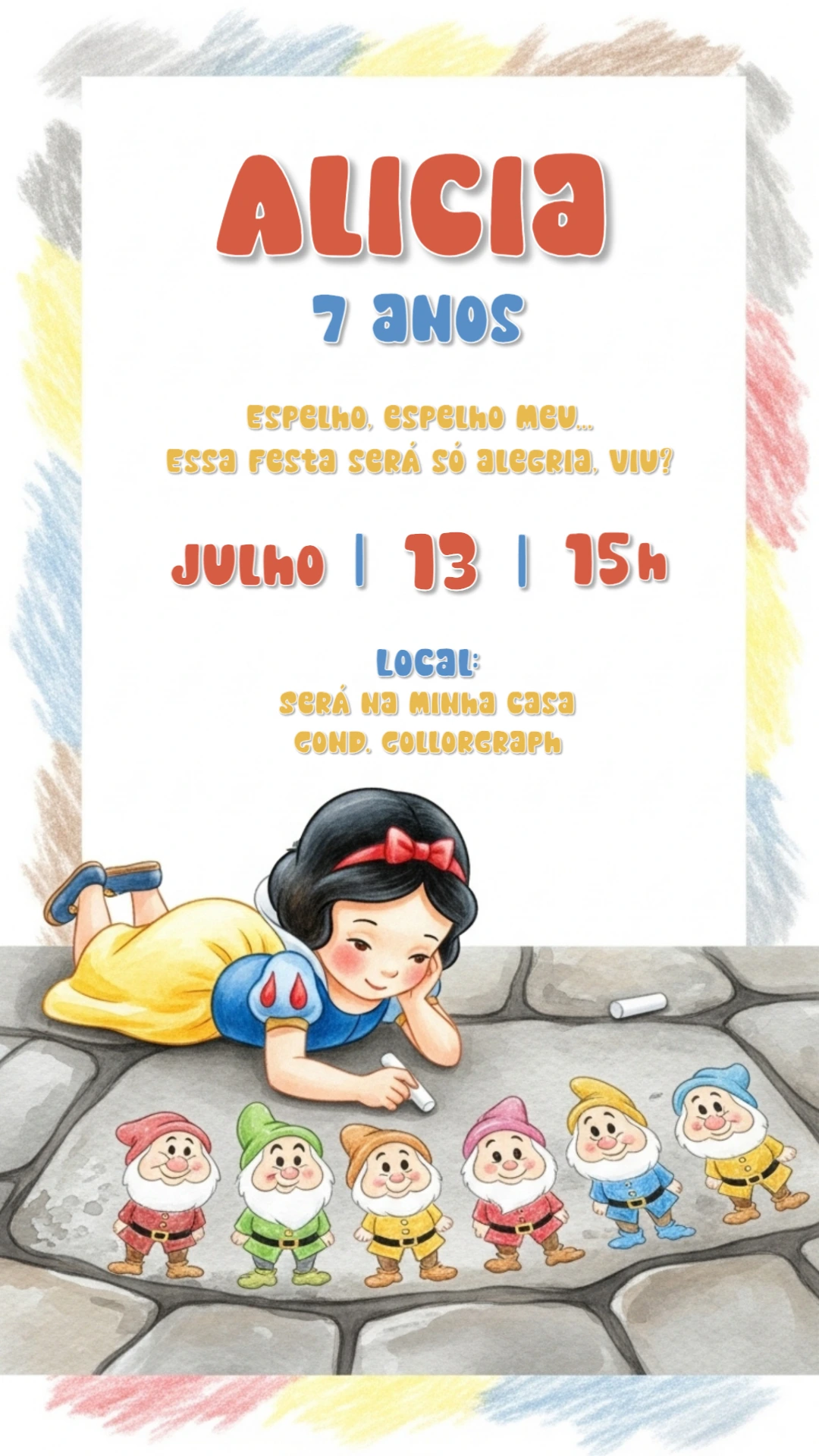 Convite de Aniversário Branca de Neve e os Anões para Editar