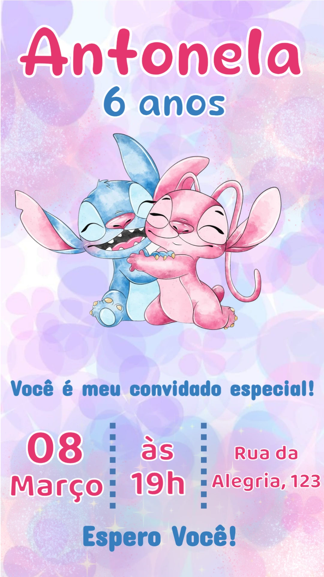 Convite Digital Aniversário Infantil Stitch e Angel Editável