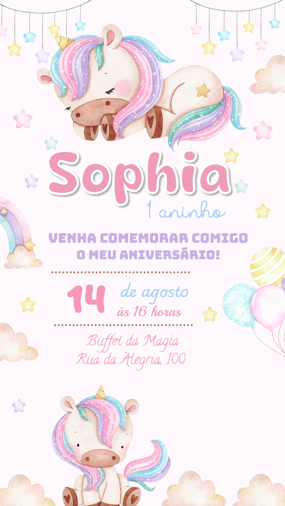 Convite de Aniversário Unicórnio Fofo para Editar Online