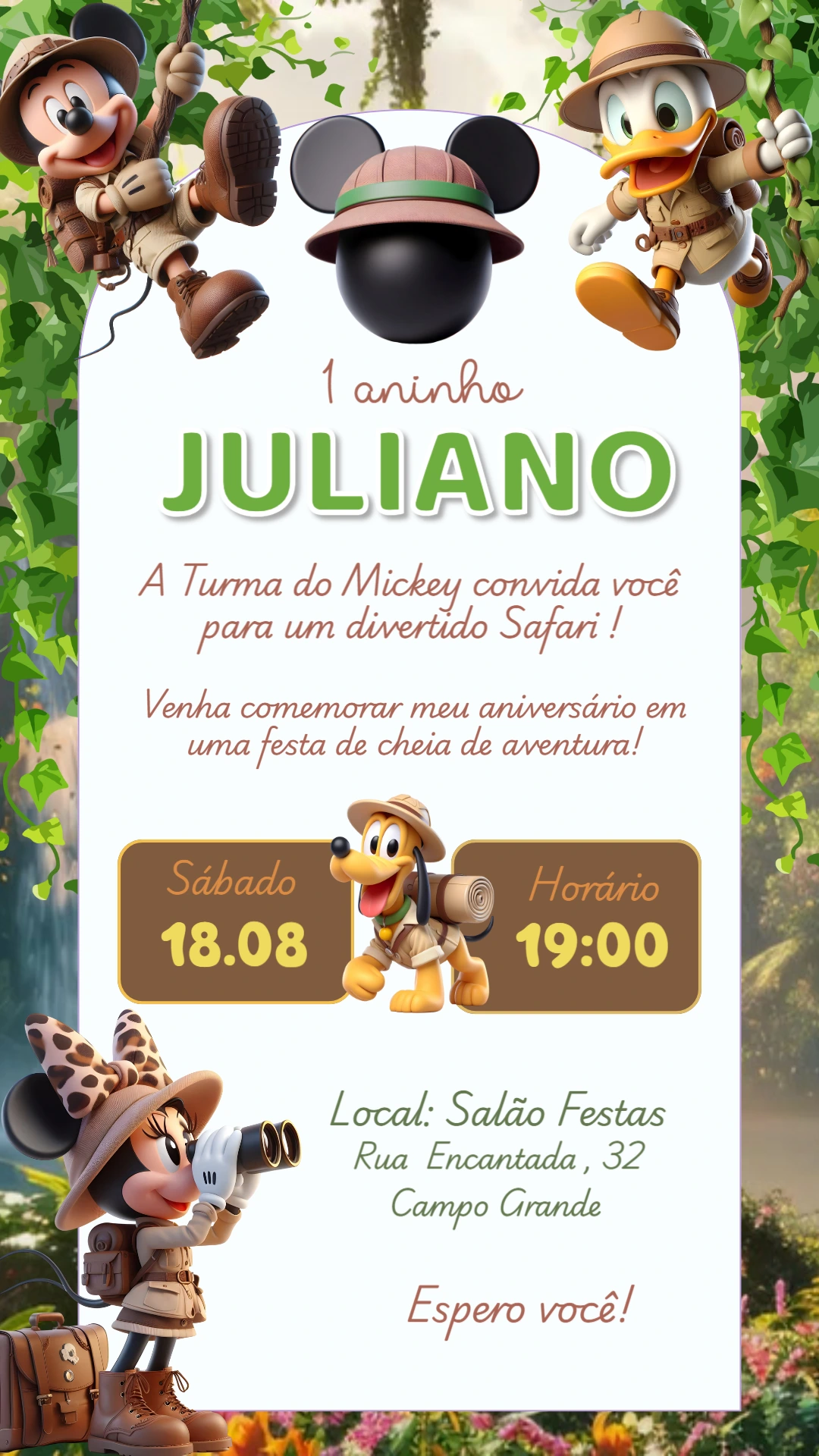 Convite Aniversário Mickey Safari para Editar Online
